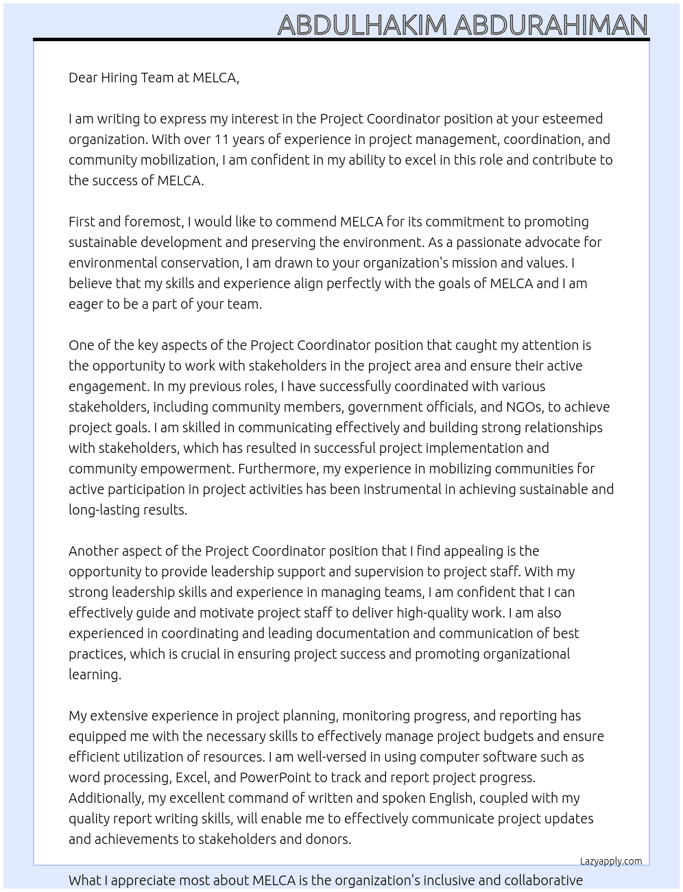 Project Coordinator  At MELCA Cover Letter