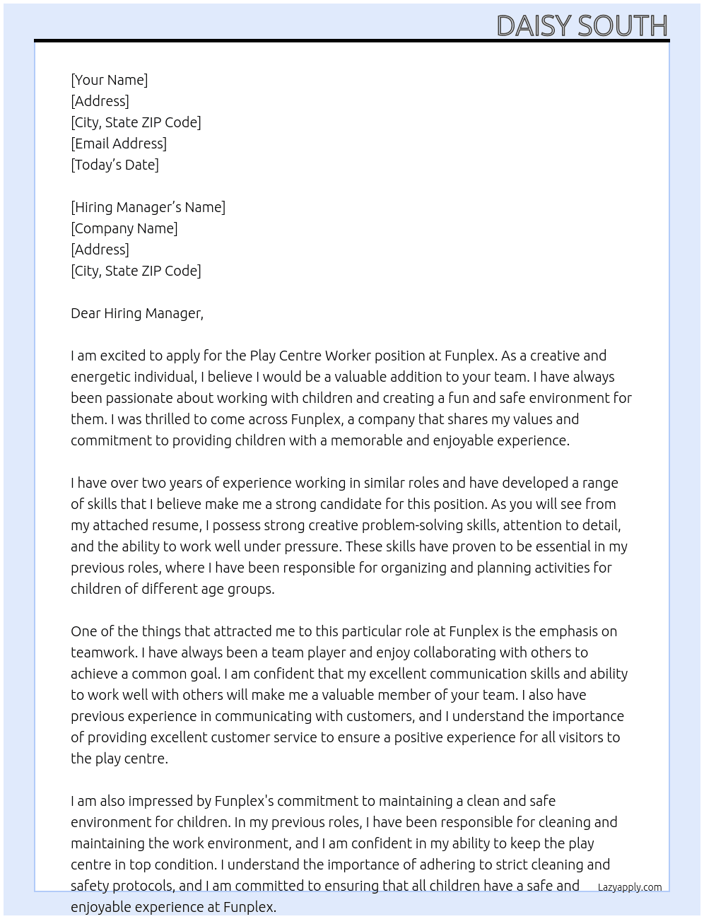 Play centre worker At Funplex Cover Letter