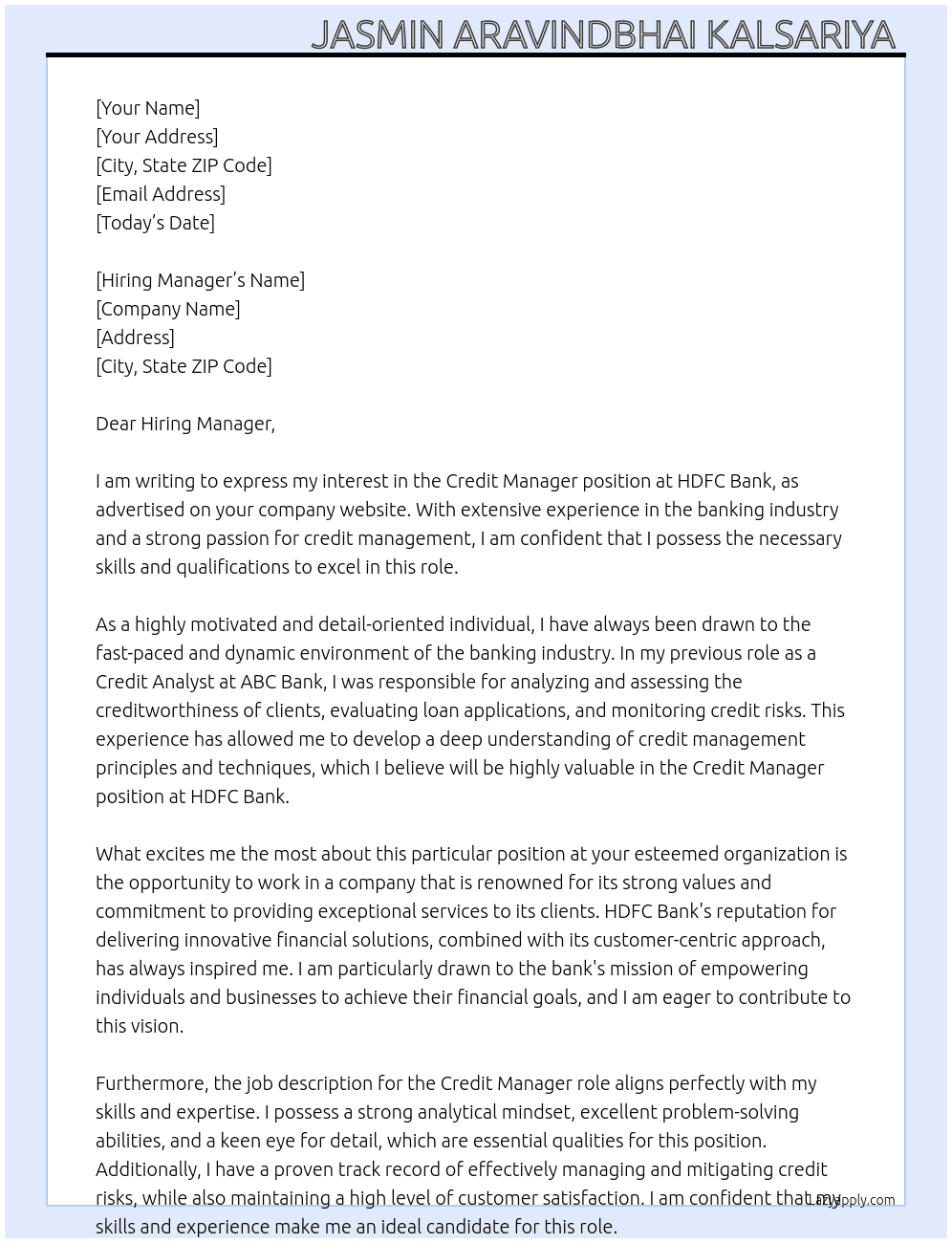 Cover letter for credit manager - LazyApply