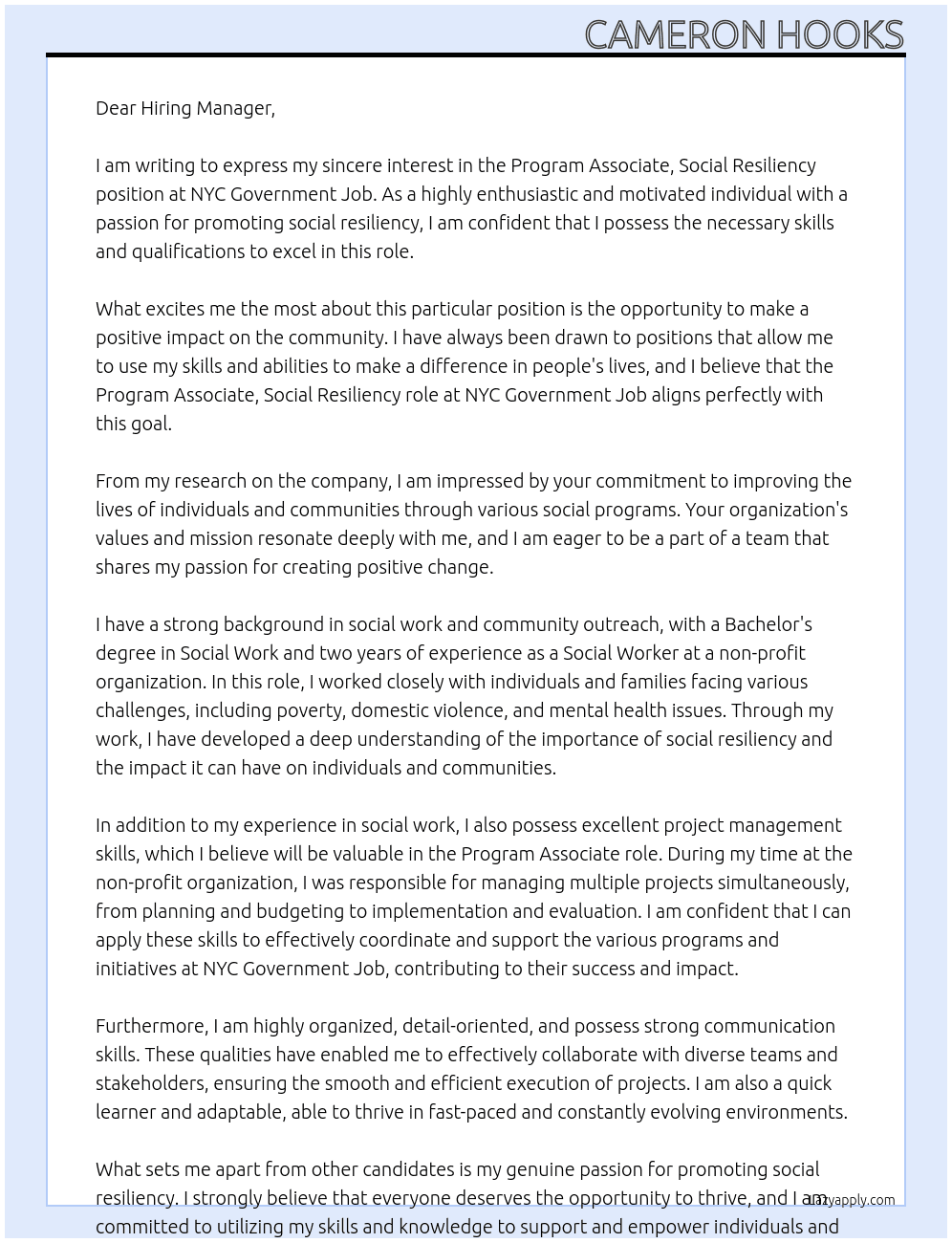 Program Associate, Social Resiliency At NYC Goverment Job Cover Letter