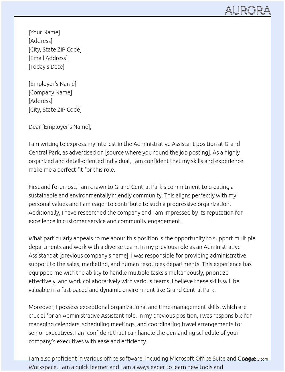 Administrative Assistant At Grand Central Park Cover Letter
