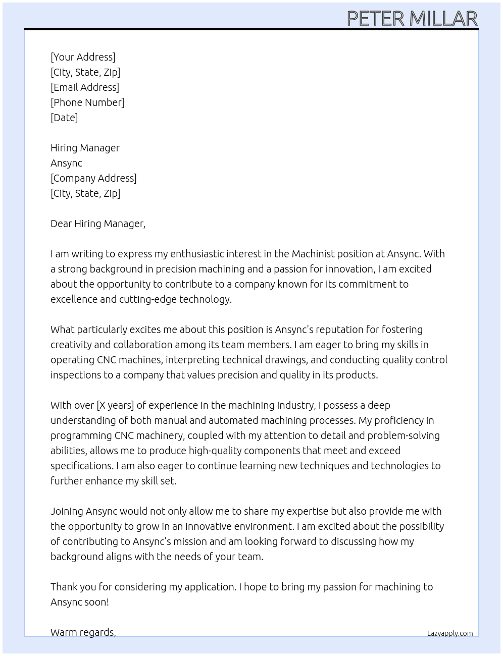 Machinist  At Ansync Cover Letter