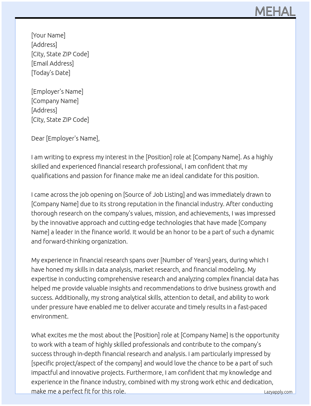 Financial Research At De Shaw  Cover Letter
