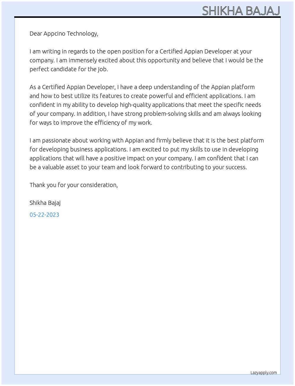 Certified Appian Developer At Appcino Technology Cover Letter
