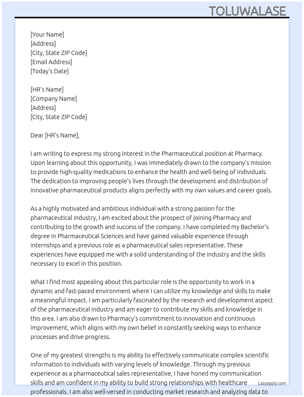 Pharmaceutical  At Pharmacy  Cover Letter