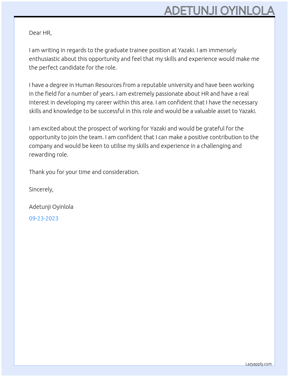 Graduate trainee At Yazaki Cover Letter