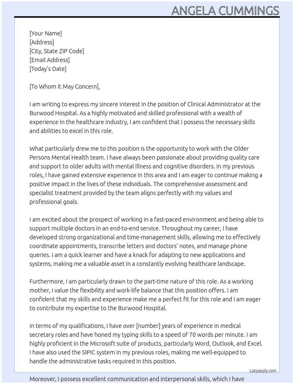 Clinical Administrator | Burwood At Burwood Hospital Cover Letter