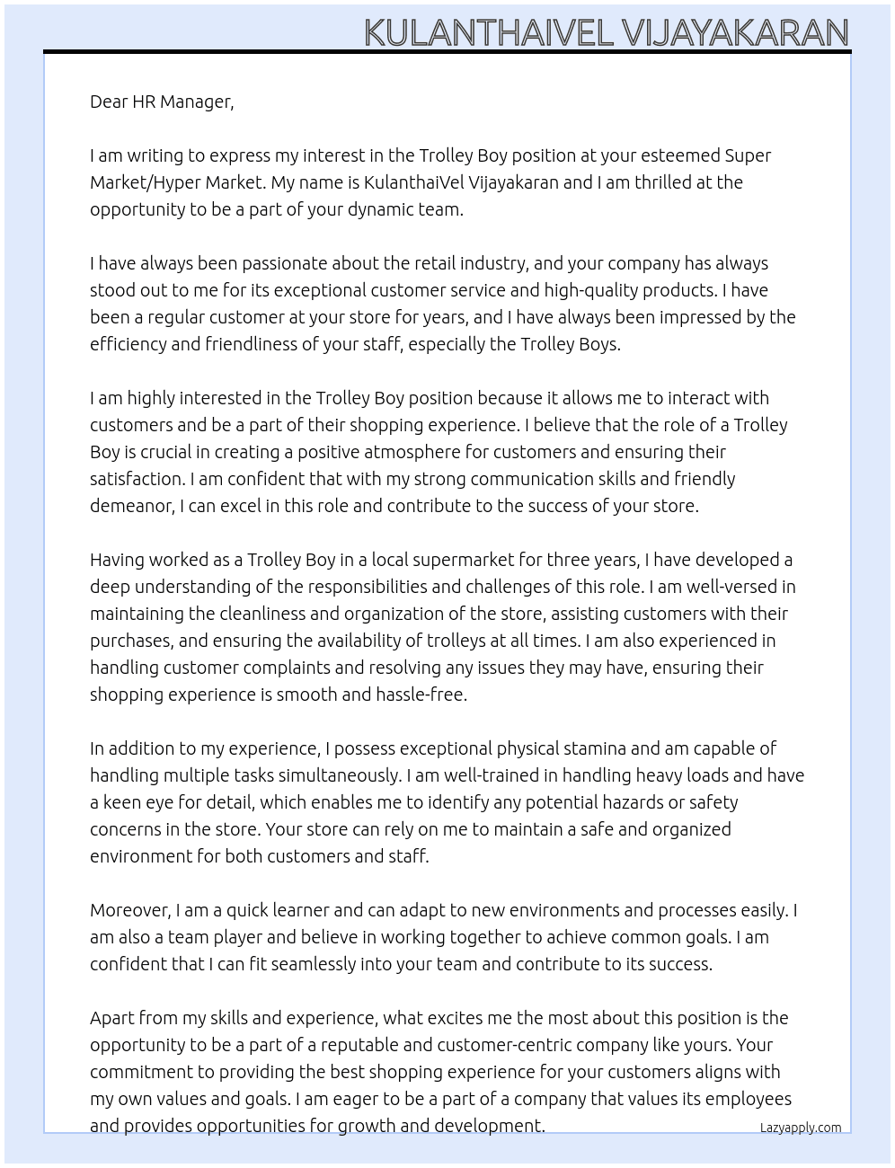 TROLLEY BOY At SUPER MARKET/HYPER MARKET Cover Letter