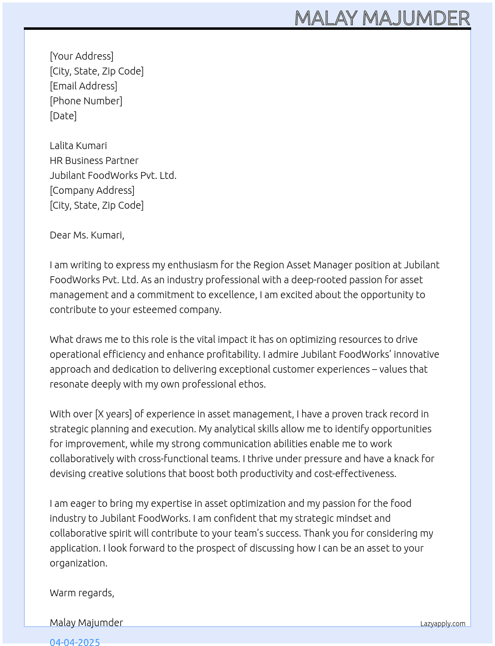 REGION ASSET MANAGER At jubilant food works pvt.ltd Cover Letter