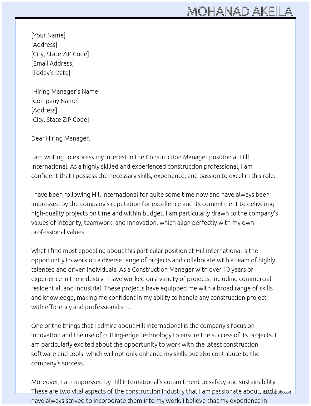 Construction Manager  At Hill International  Cover Letter