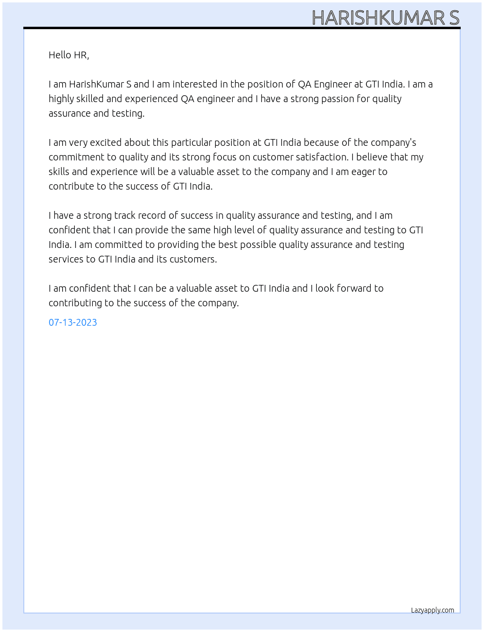 QA Engineer  At GTI India Cover Letter