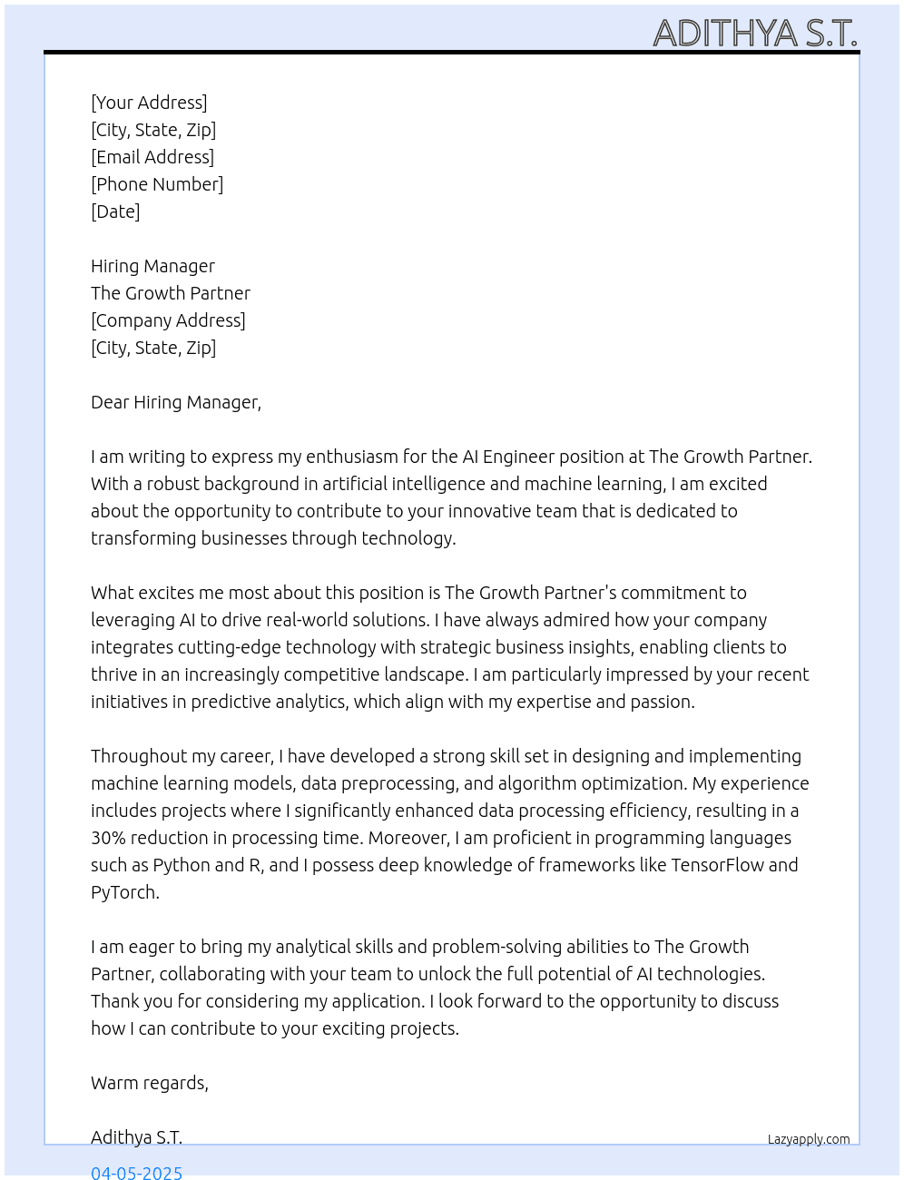AI Engineer At The Growth Partner Cover Letter