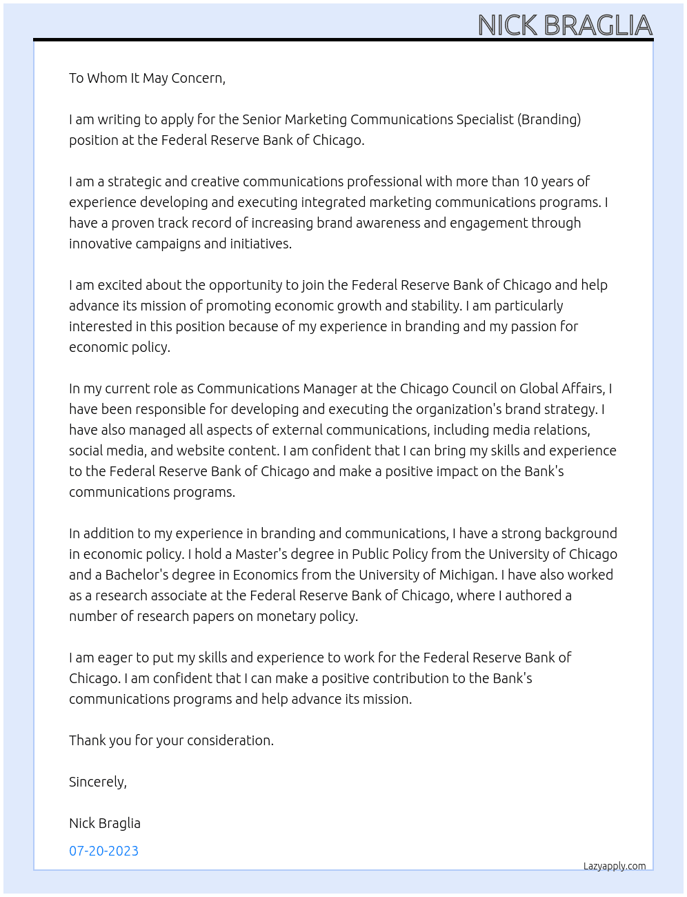 Senior Marketing Communications Specialist (Branding) At Federal Reserve Bank of Chicago Cover Letter