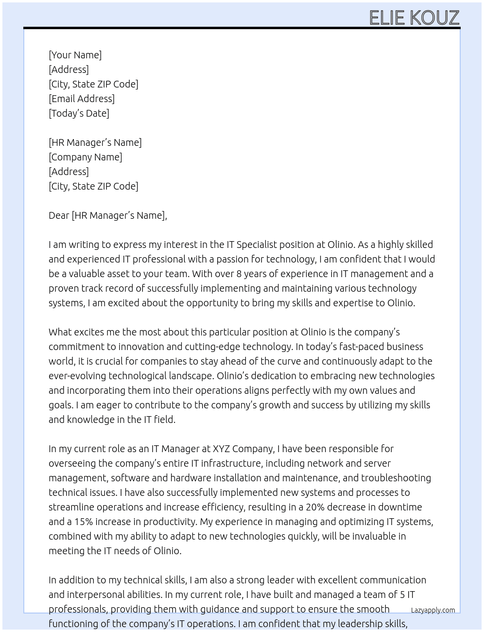 It specialist At Olinio Cover Letter