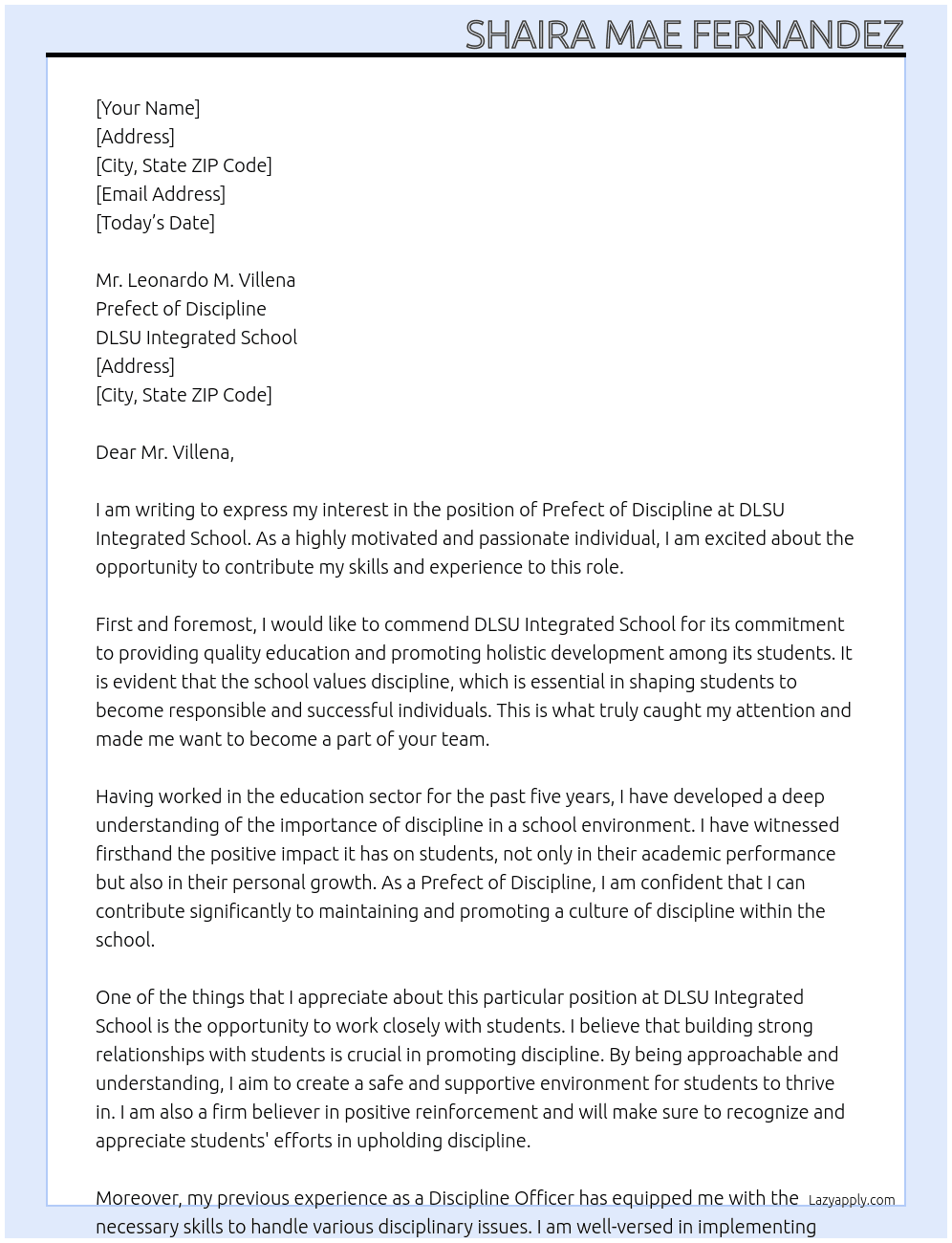 Prefect of Discipline At DLSU Integrated School Cover Letter