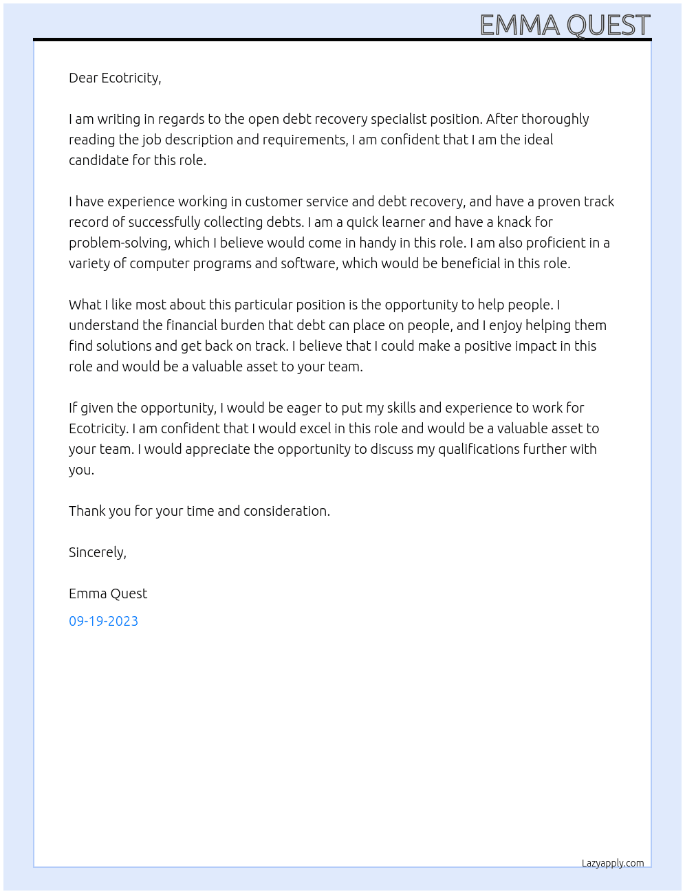 debt recovery specialist At Ecotricity Cover Letter