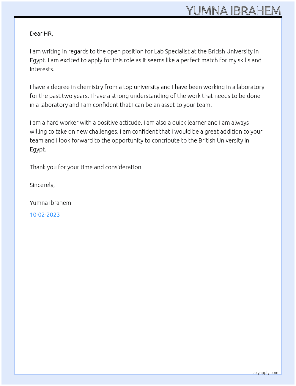 Lab Specialist  At British University in Egypt Cover Letter