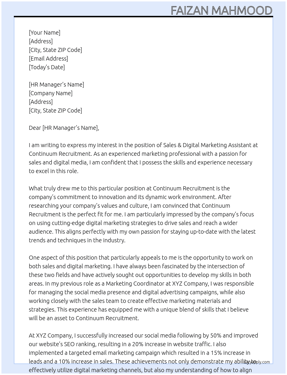 Sales & Digital Marketing Assistant At Continuum Recruitment Cover Letter