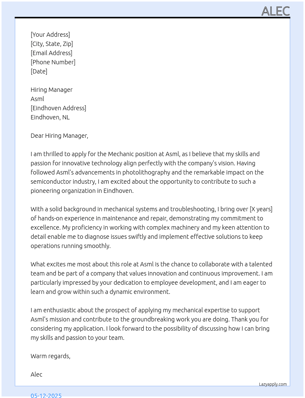 Mechanic At Asml Cover Letter