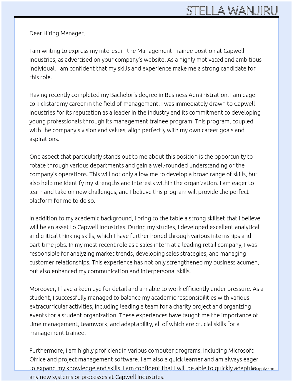 Management trainee At Capwell industries Cover Letter