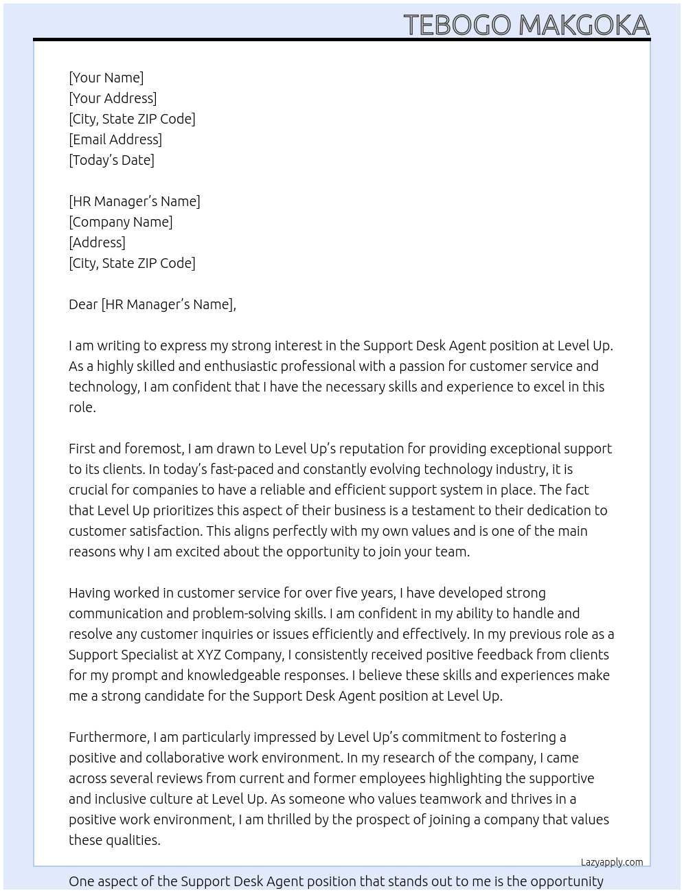 Support Desk Agent At Level Up Cover Letter