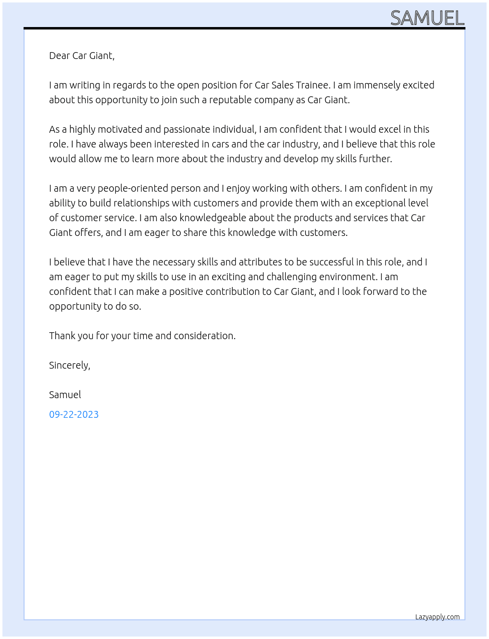 Car Sales Trainee At Car Giant Cover Letter