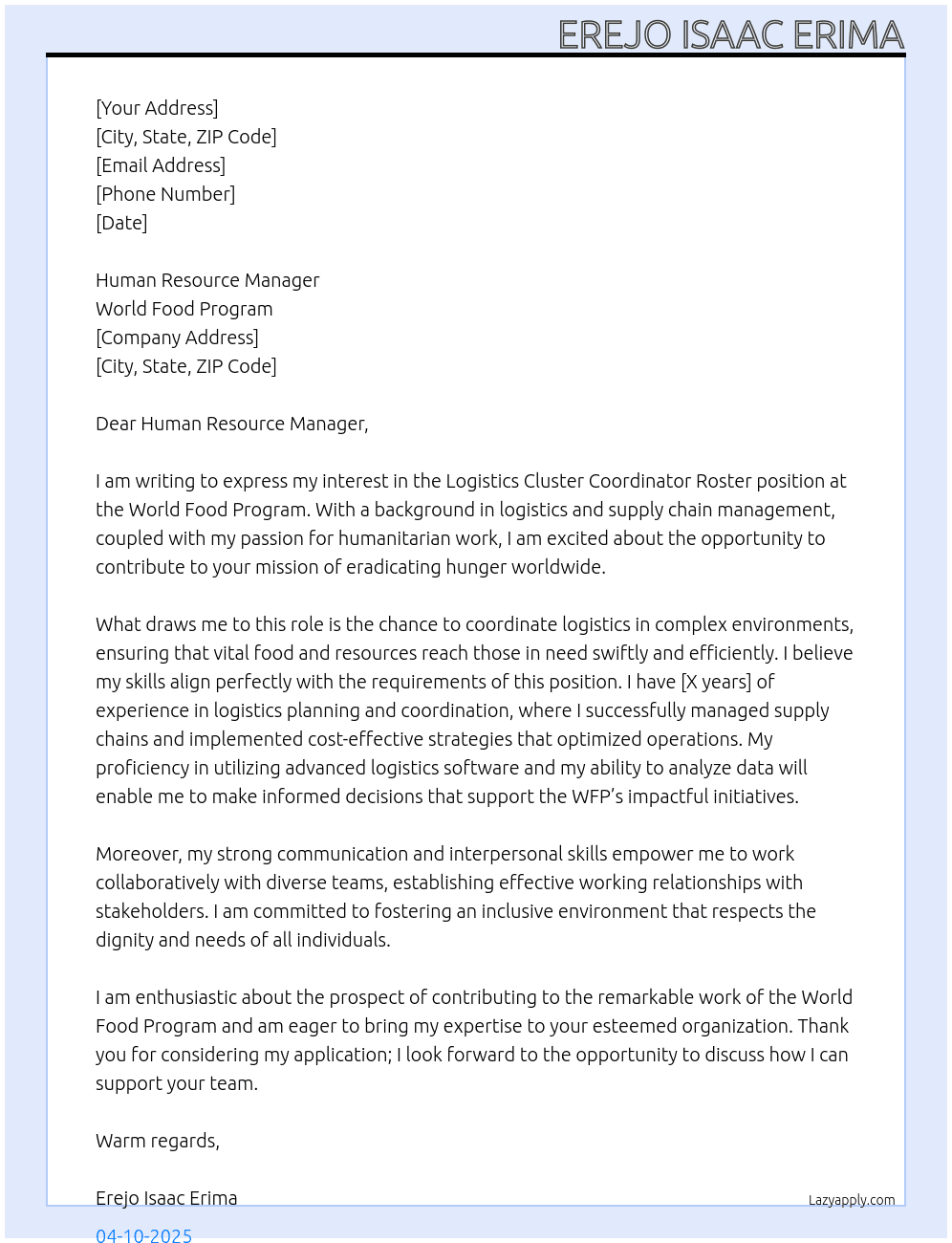 Logistics Cluster Coordinator Roster At World food program  Cover Letter