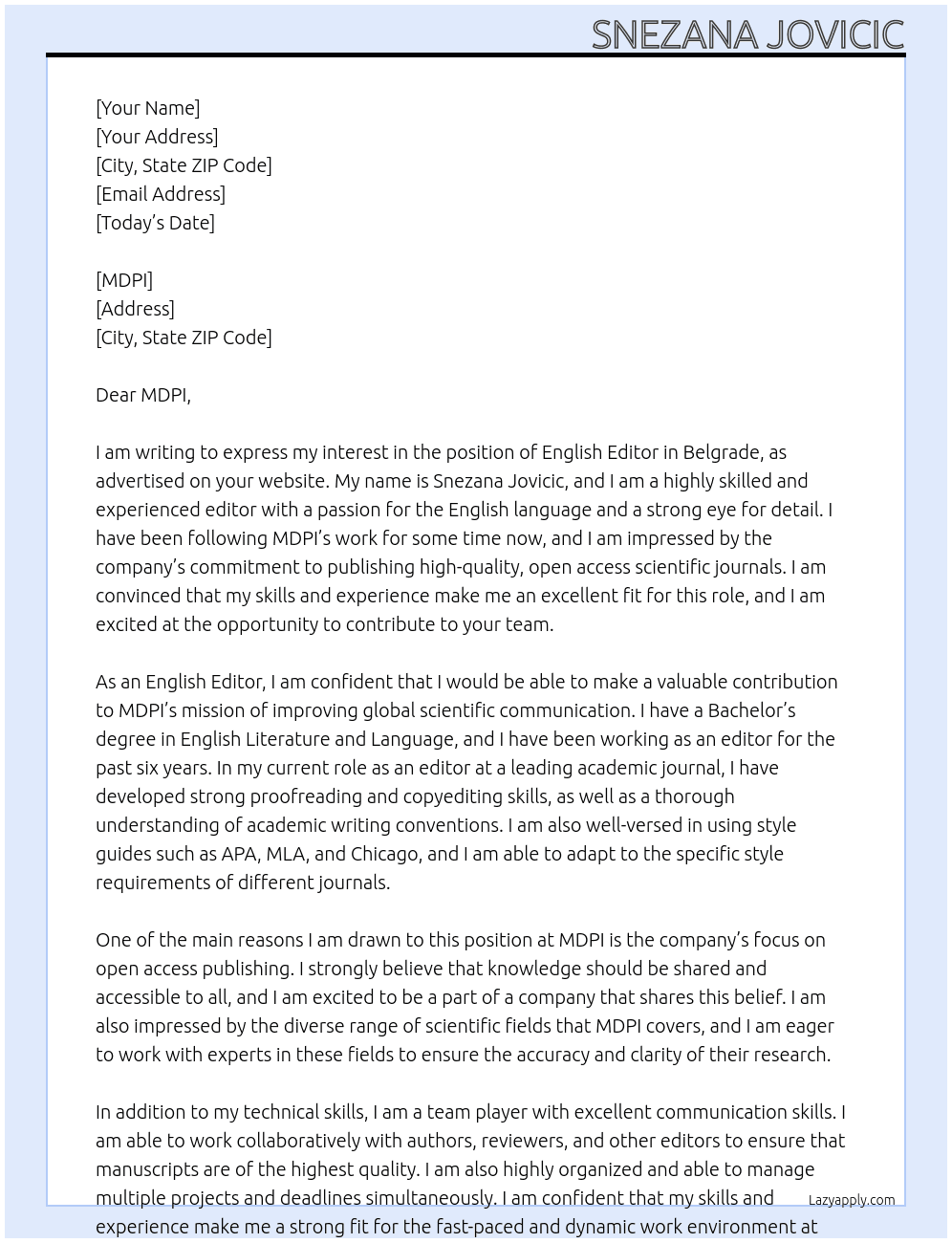 English Editor Belgrade At MDPI Cover Letter