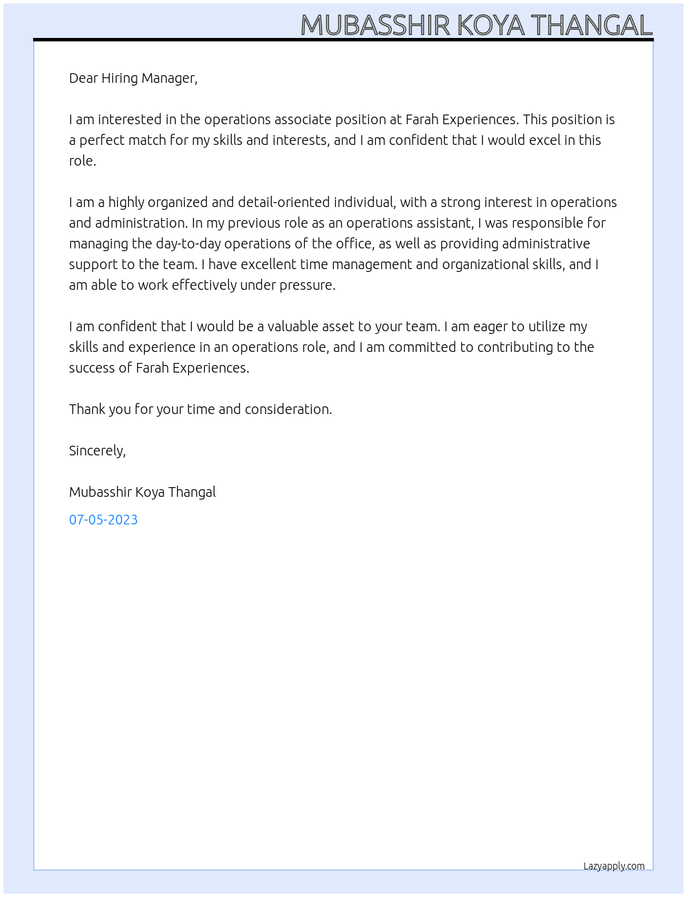 operations associate At Farah EXperiences Cover Letter