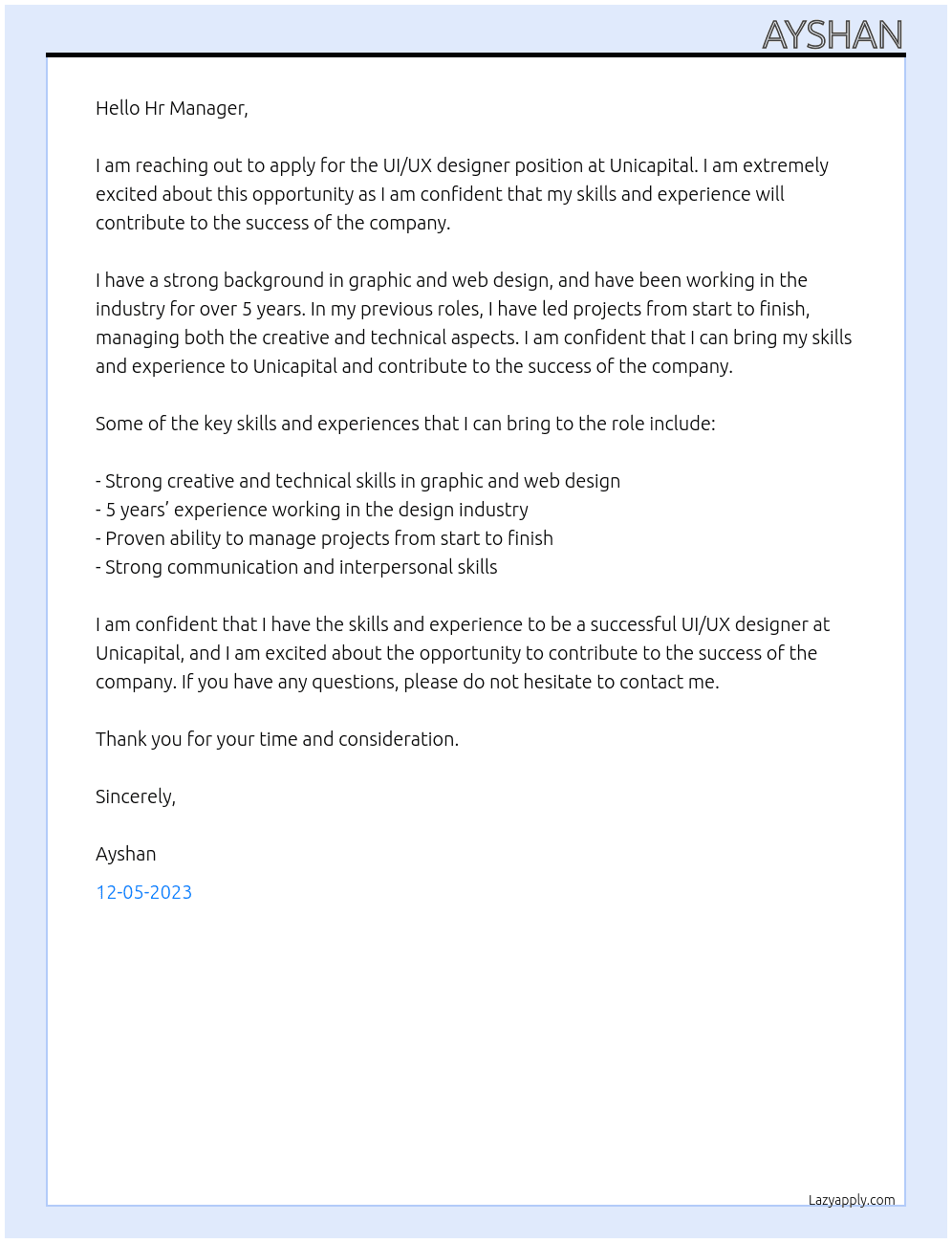 UI/UX designer At Unicapital Cover Letter