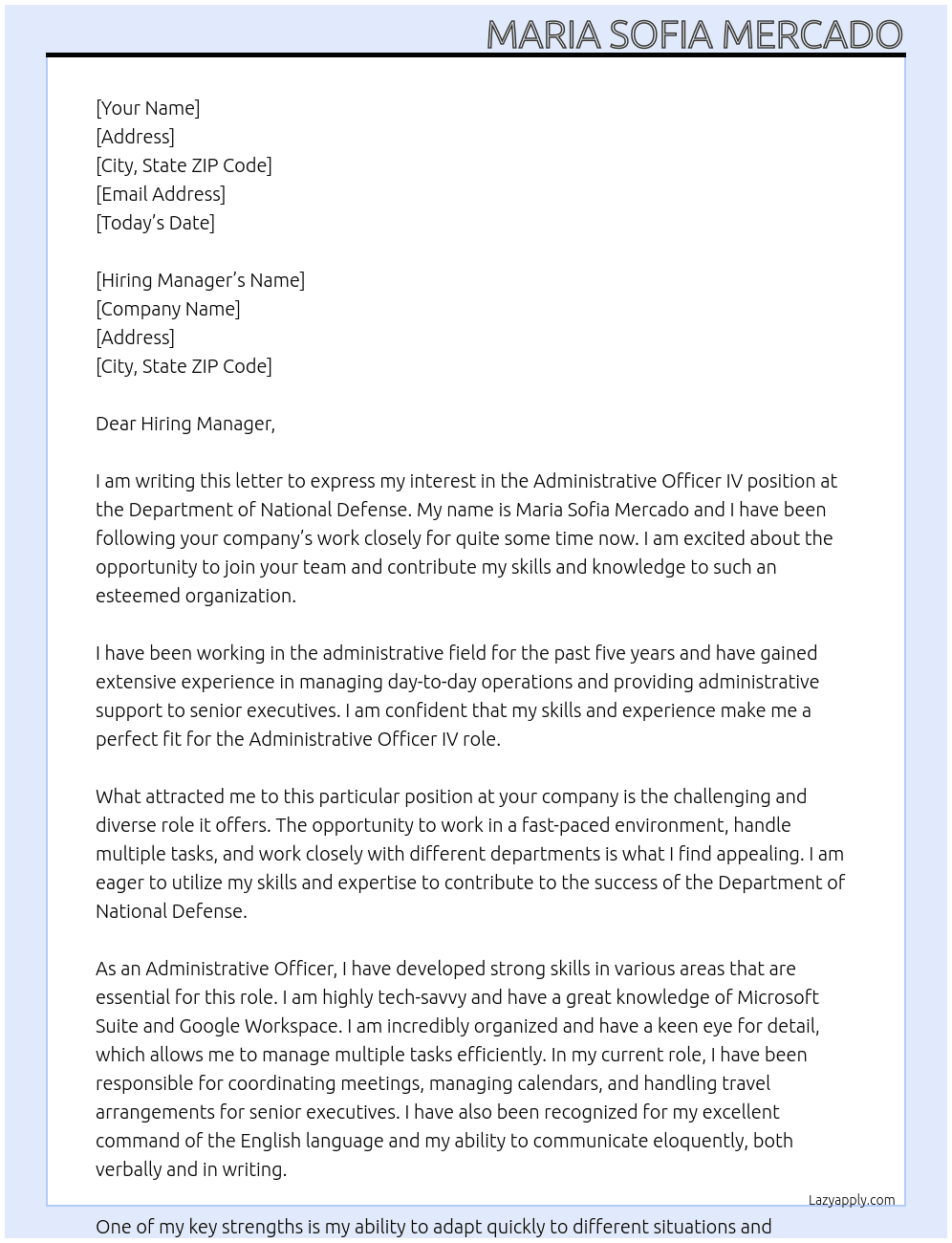 Administrative Officer IV At Department of National Defense  Cover Letter