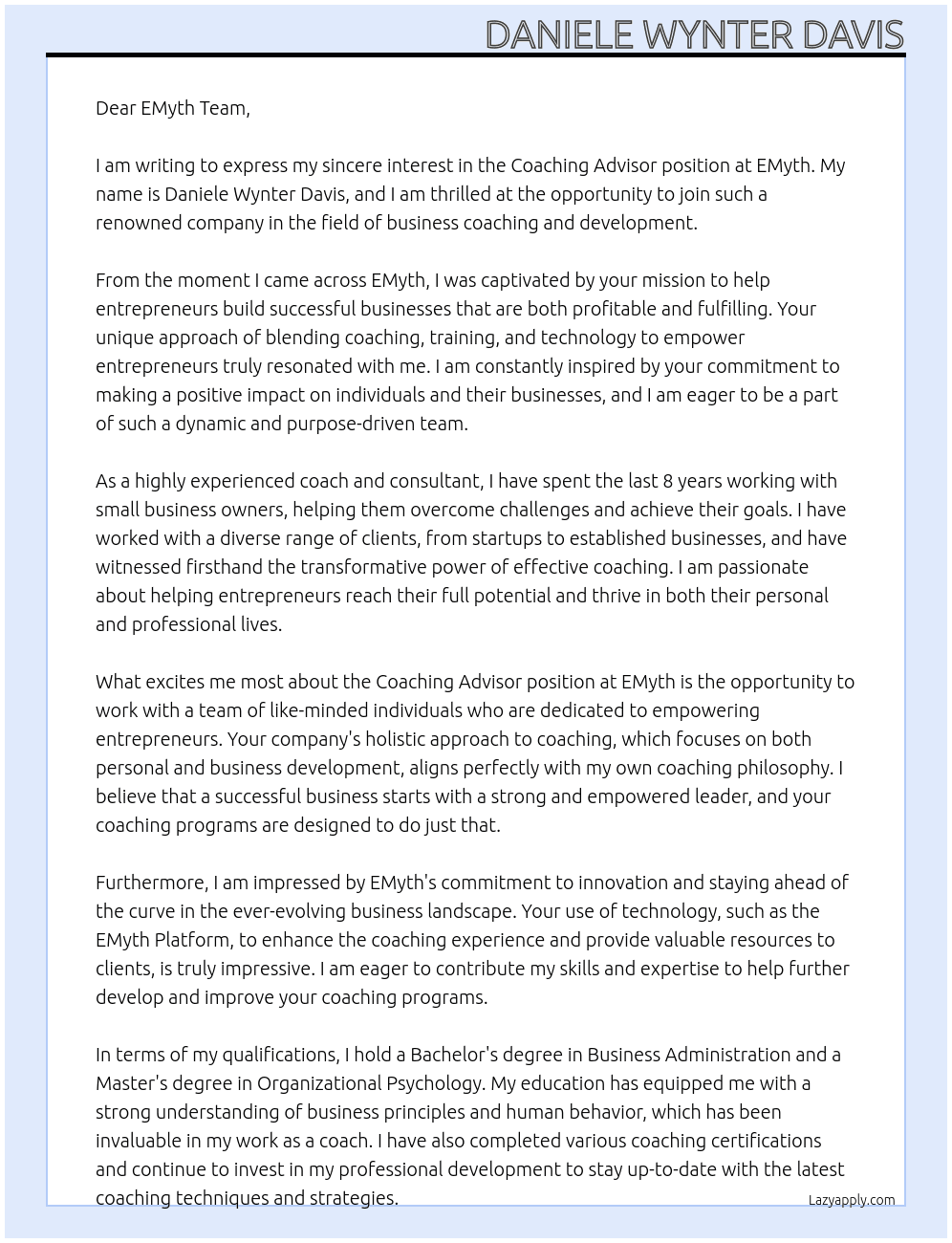 Coaching advisor  At EMyth Cover Letter