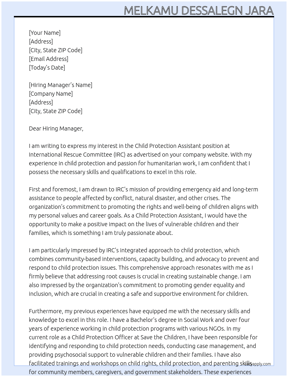 Child Protection Assistant At International Rescue Committee Cover Letter