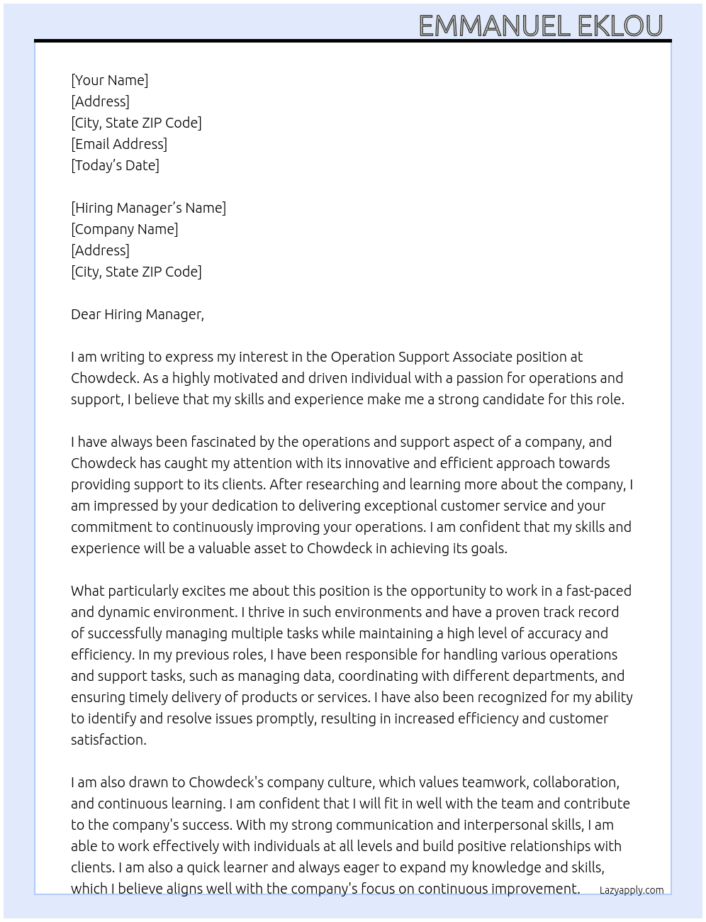 Operation support associate  At Chowdeck  Cover Letter