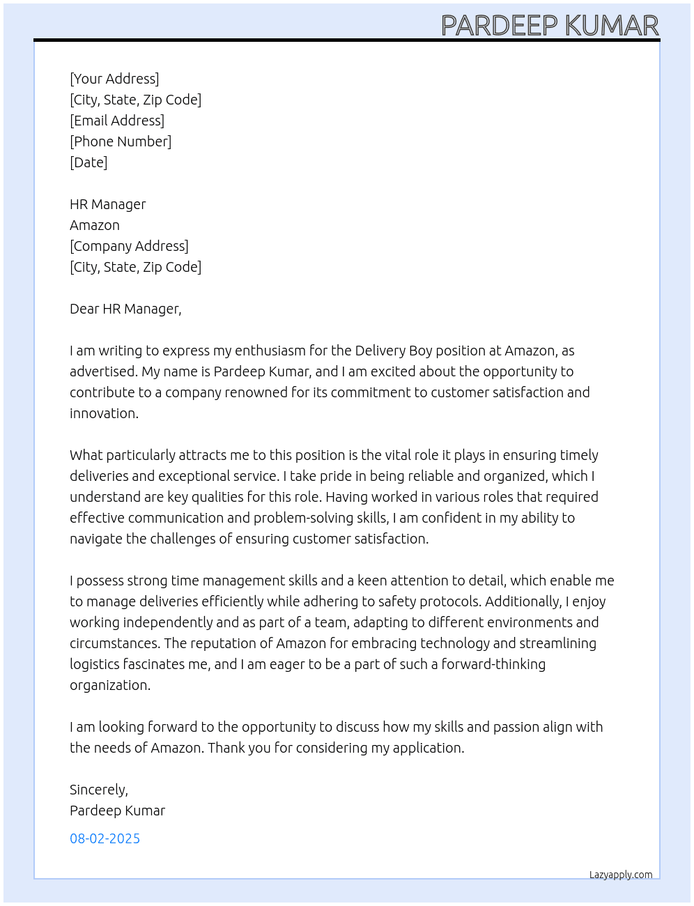Delivery boy  At Amazone  Cover Letter