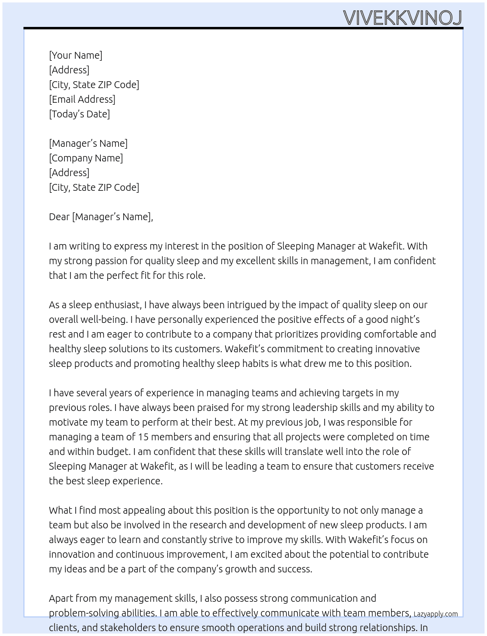 Sleeping  At Wakefit Cover Letter