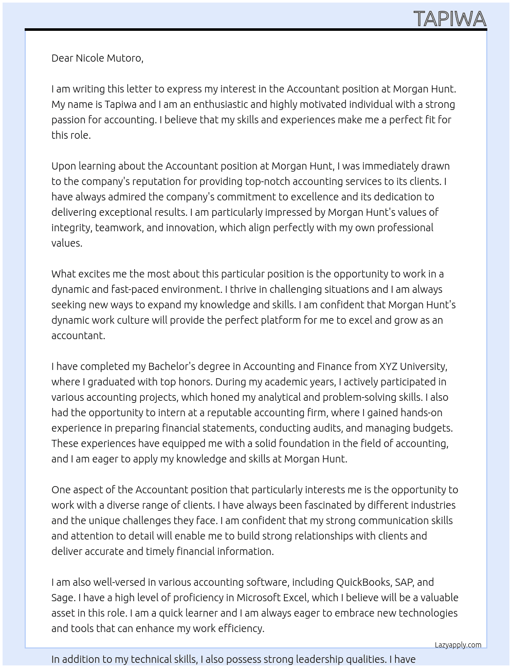 Accountant At Morgan Hunt Cover Letter