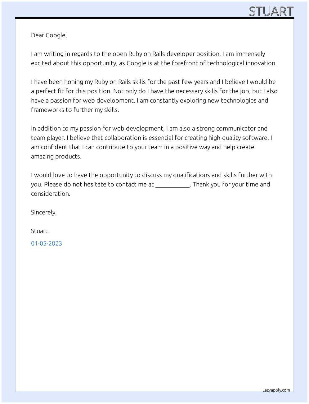 Ruby on Rails developer At google Cover Letter