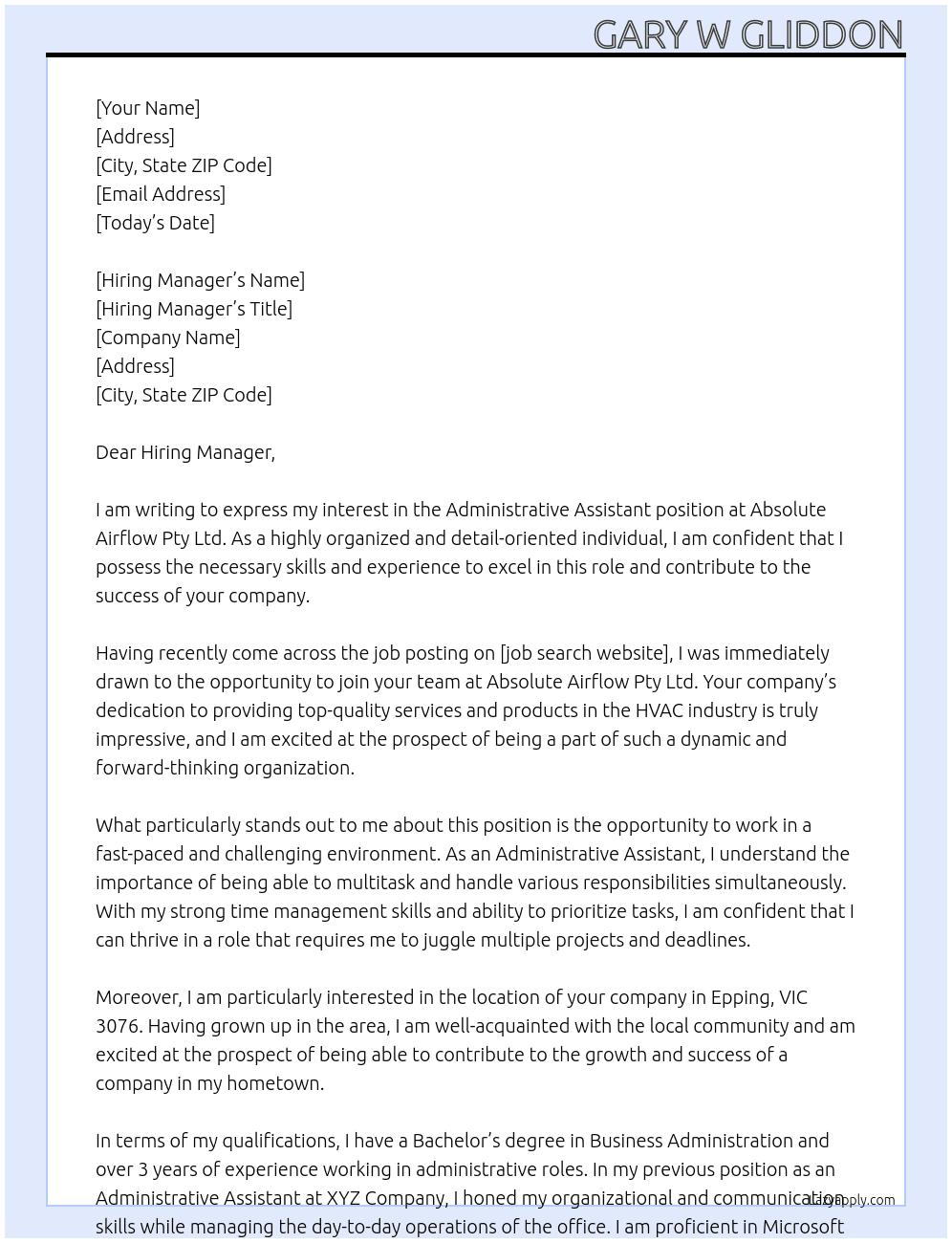 Administrative Assistant At Absolute Airflow Pty Ltd Cover Letter