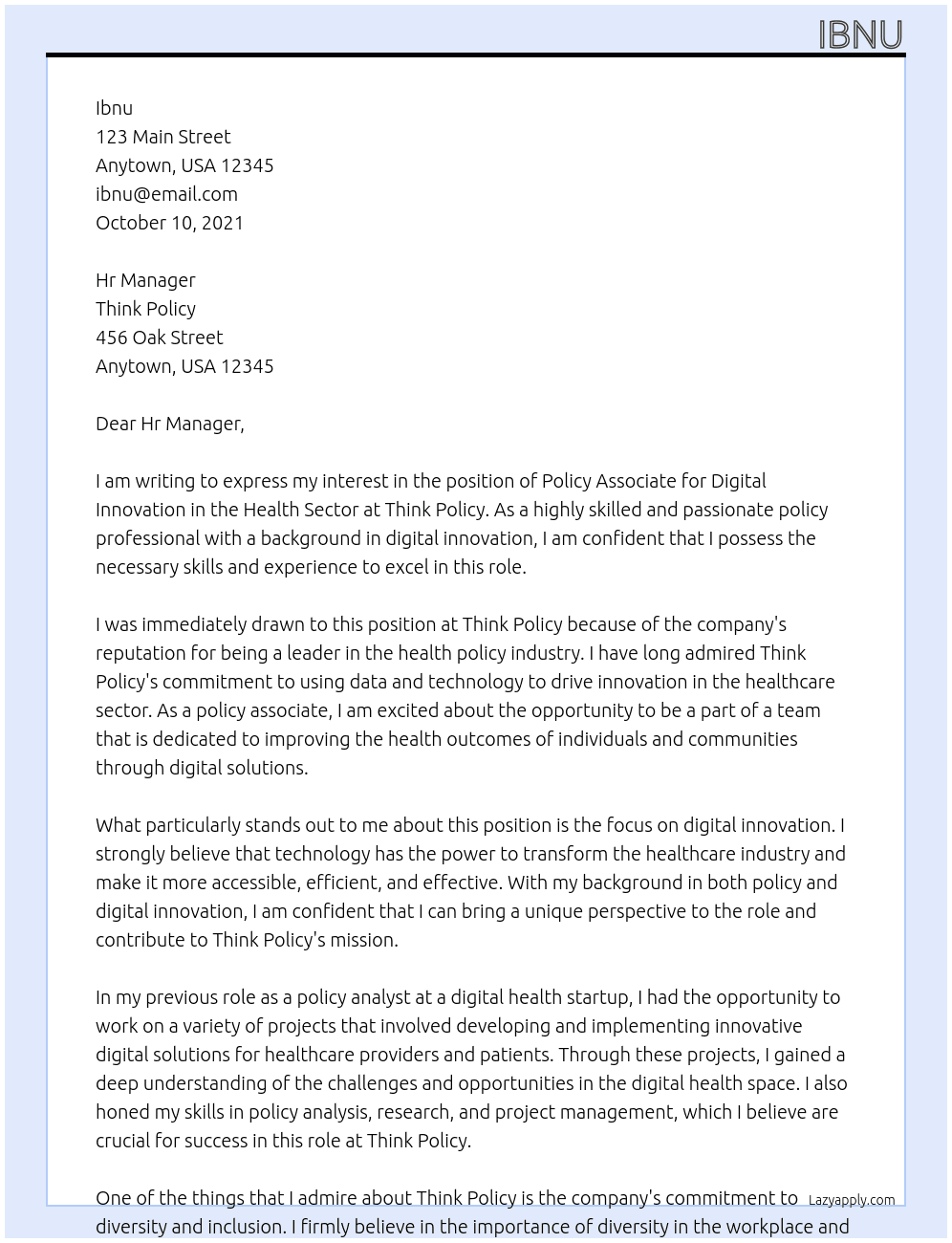 policy associate for digital innovation in the health sector At think policy Cover Letter