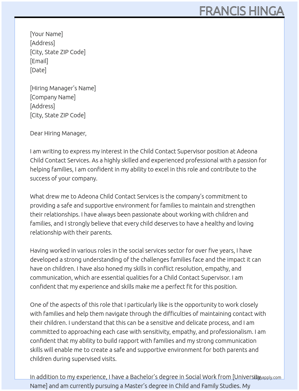 Child Contact Supervisor At Adeona Child Contact Services Cover Letter