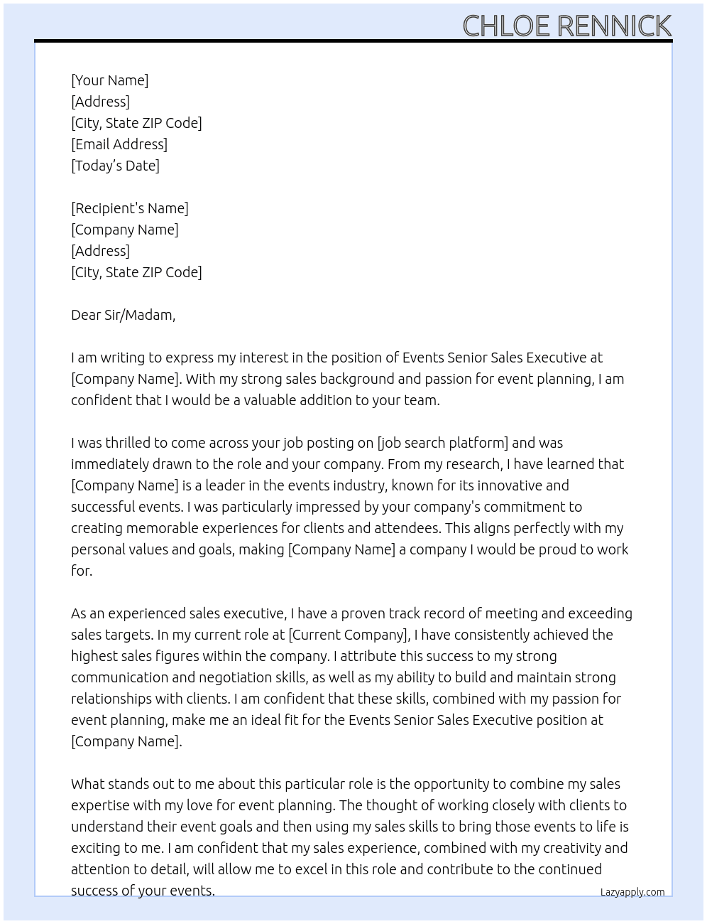 Events Senior Sales Executive At Unsure Cover Letter