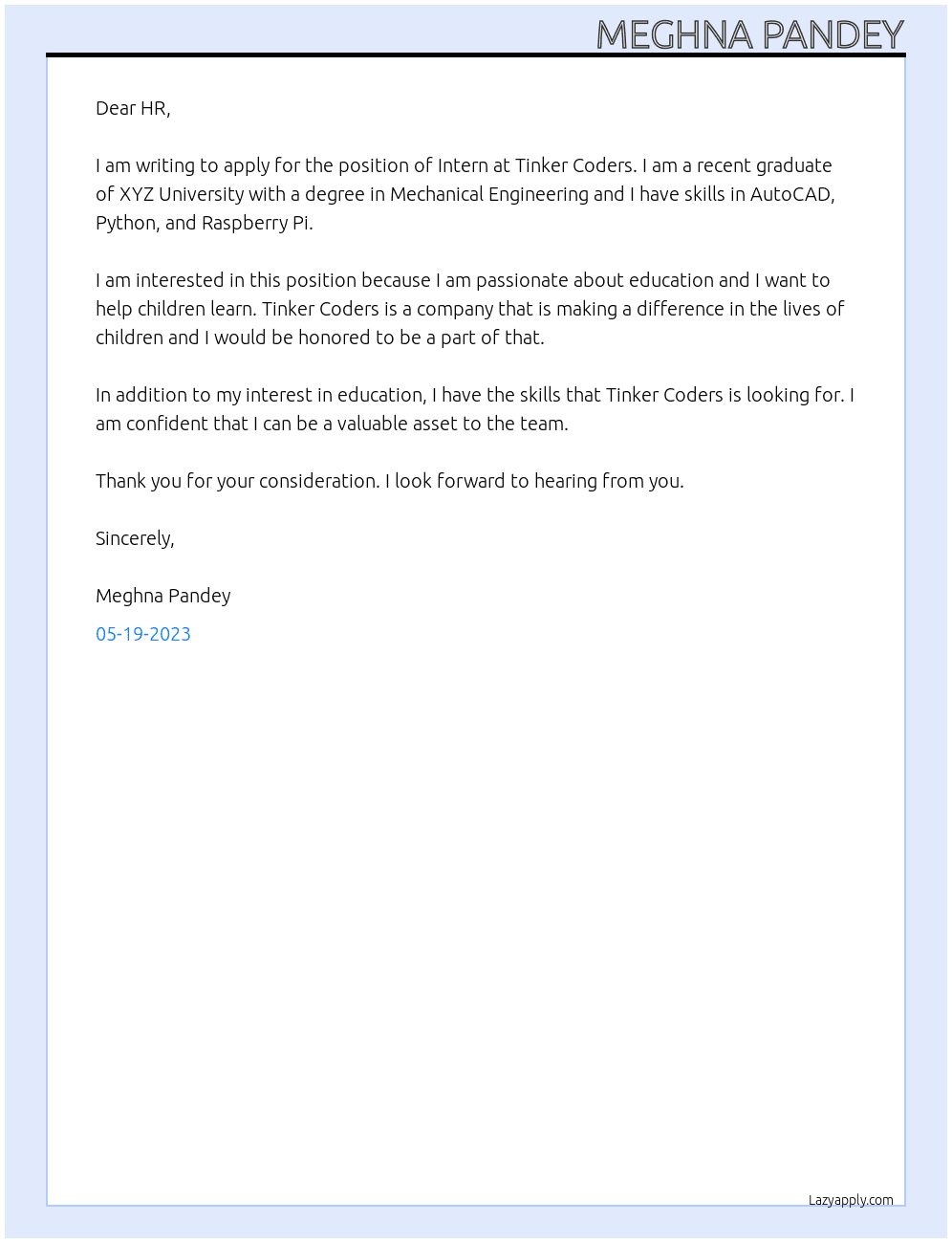Intern At Tinker Coders Cover Letter