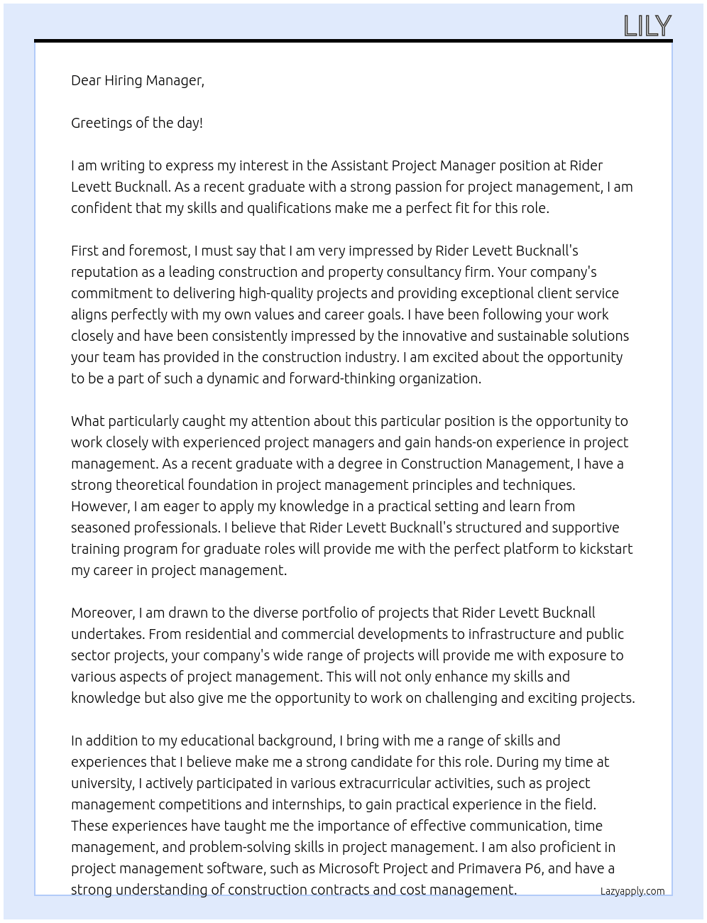 Assistant project manager At Rider Levett Bucknall Cover Letter