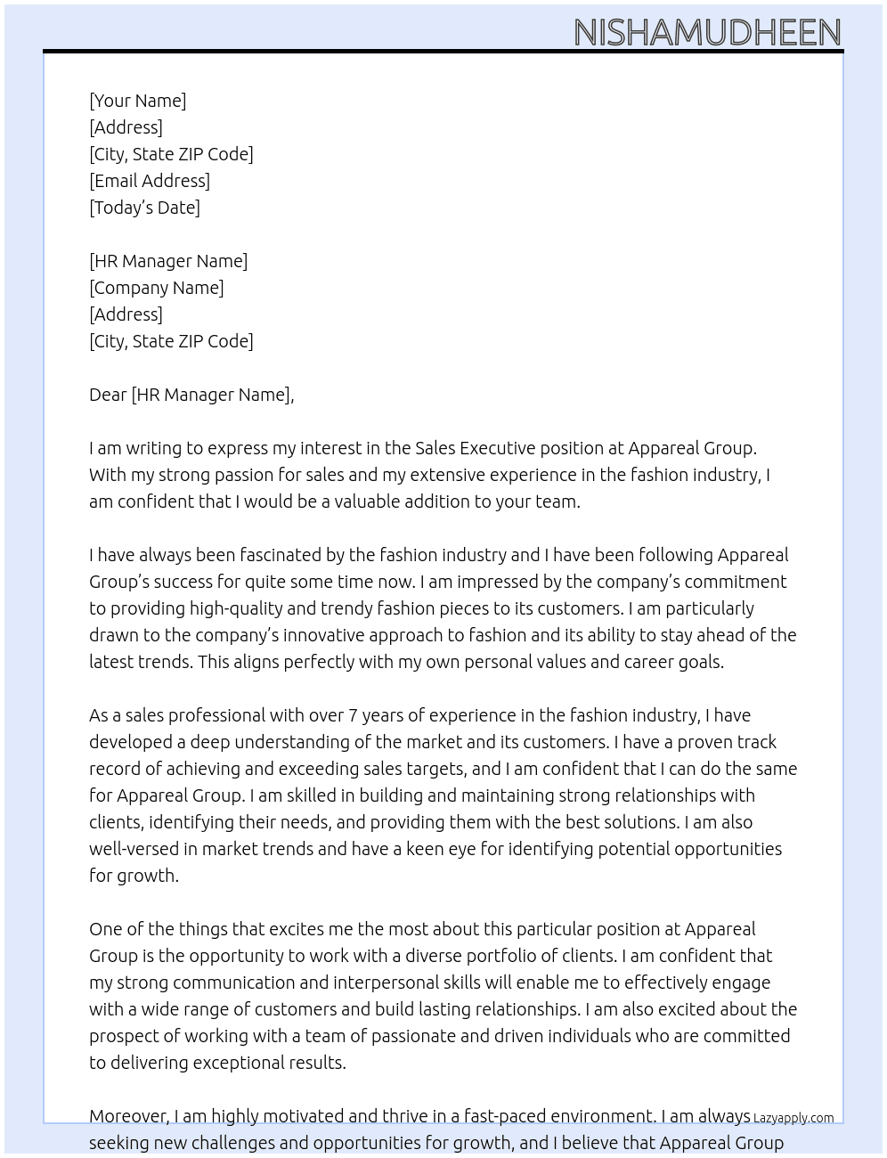 Sales executive At Appareal group Cover Letter