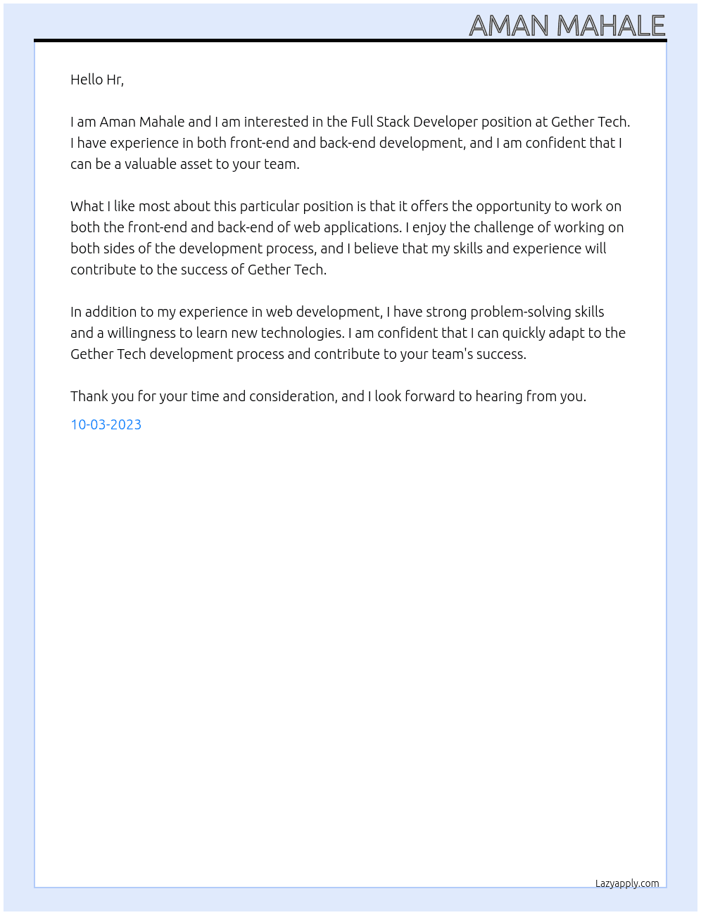 Full Stack Developer  At Gether Tech Cover Letter