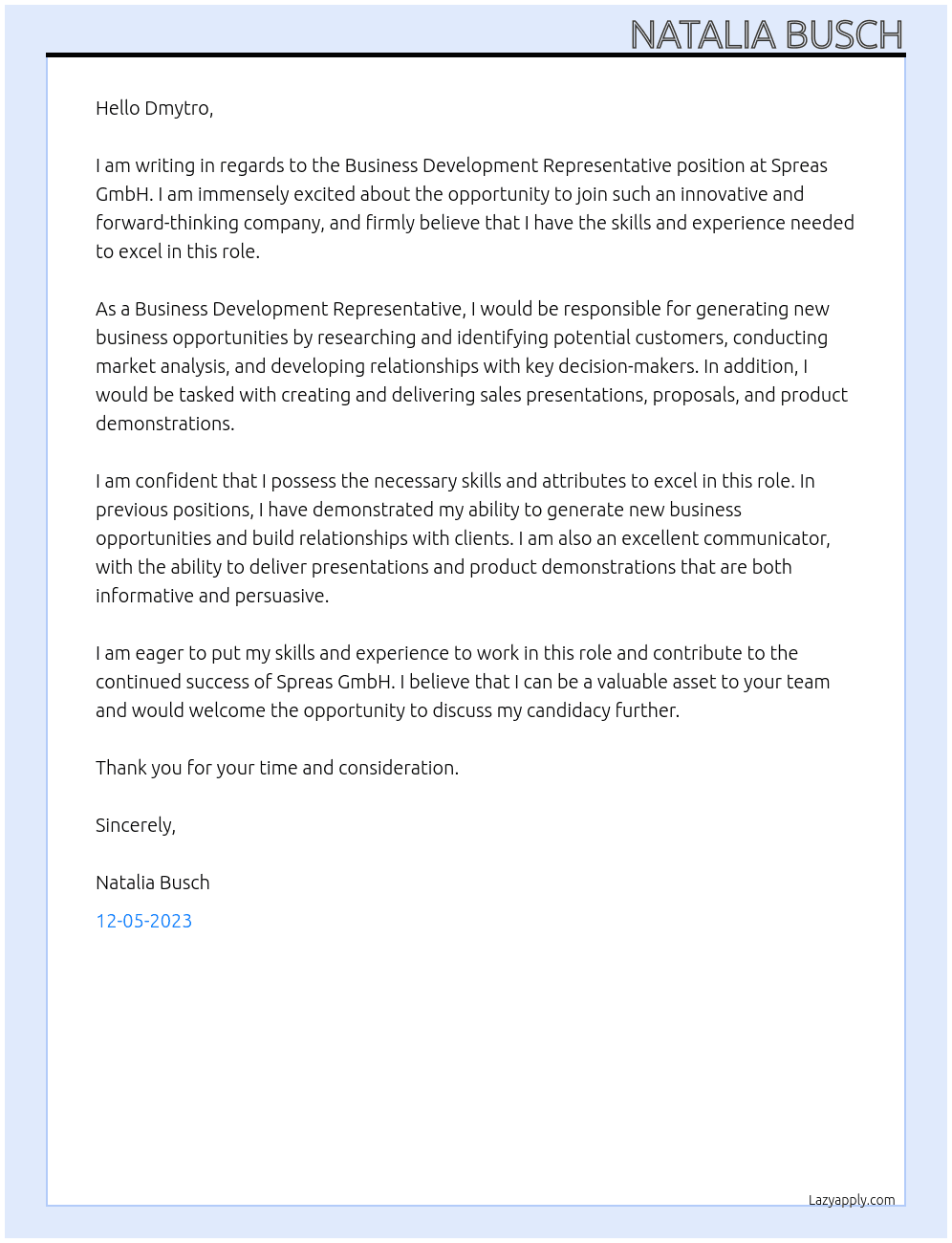 Business Development Representative At Spreas GmbH Cover Letter