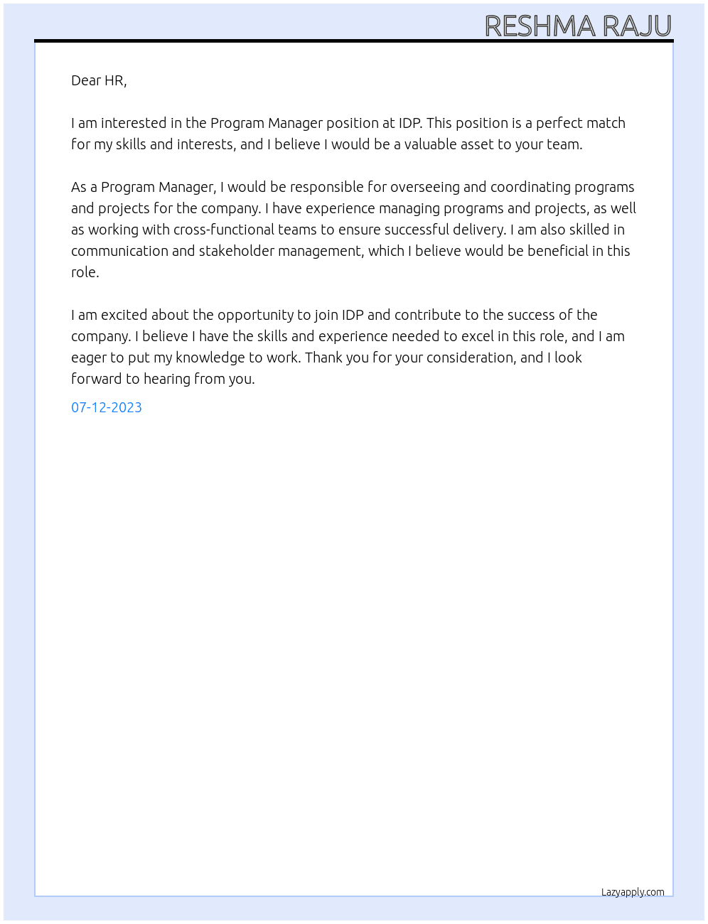 Program Manager  At IDP  Cover Letter