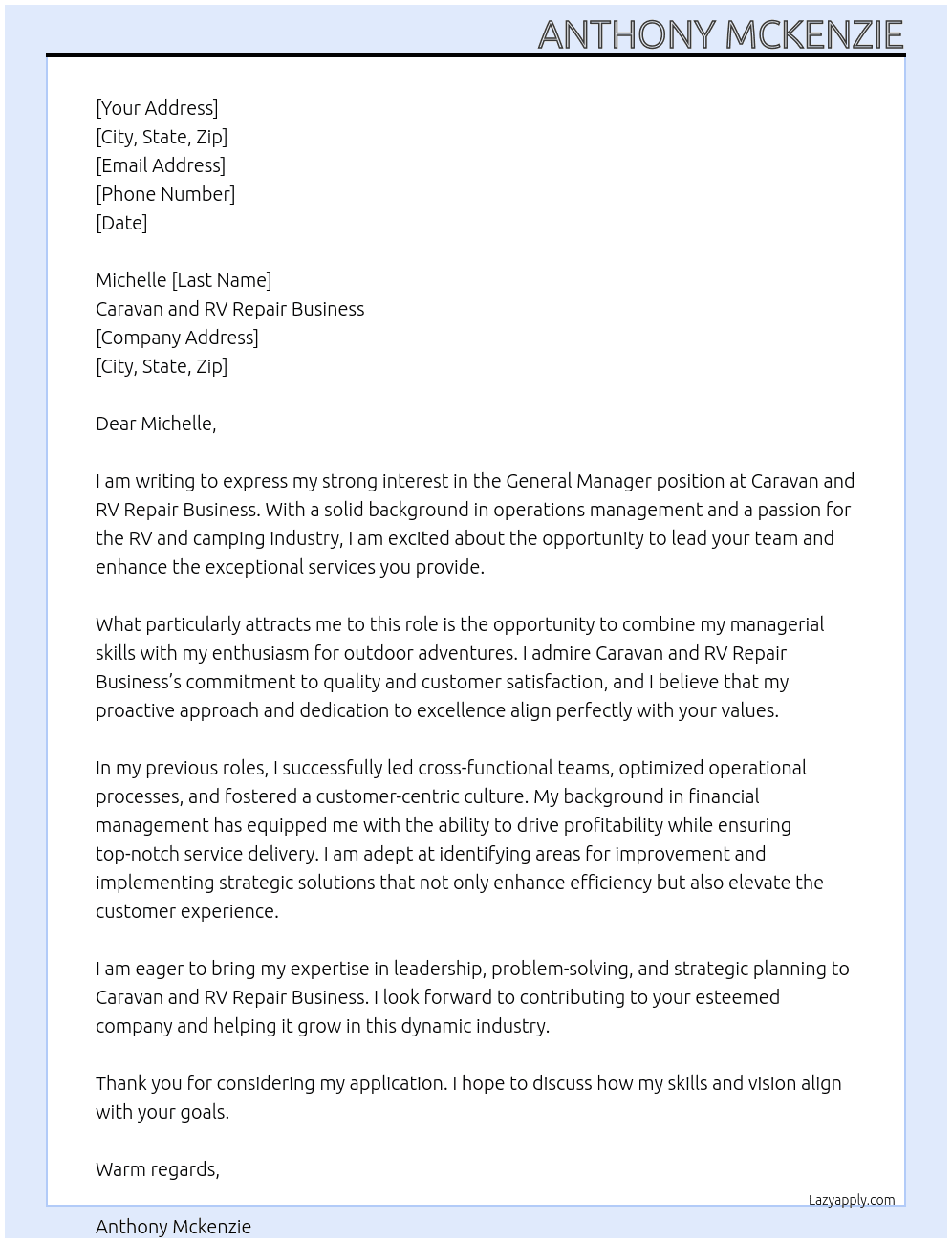 general manager At Caravan and RV Repair Business Cover Letter
