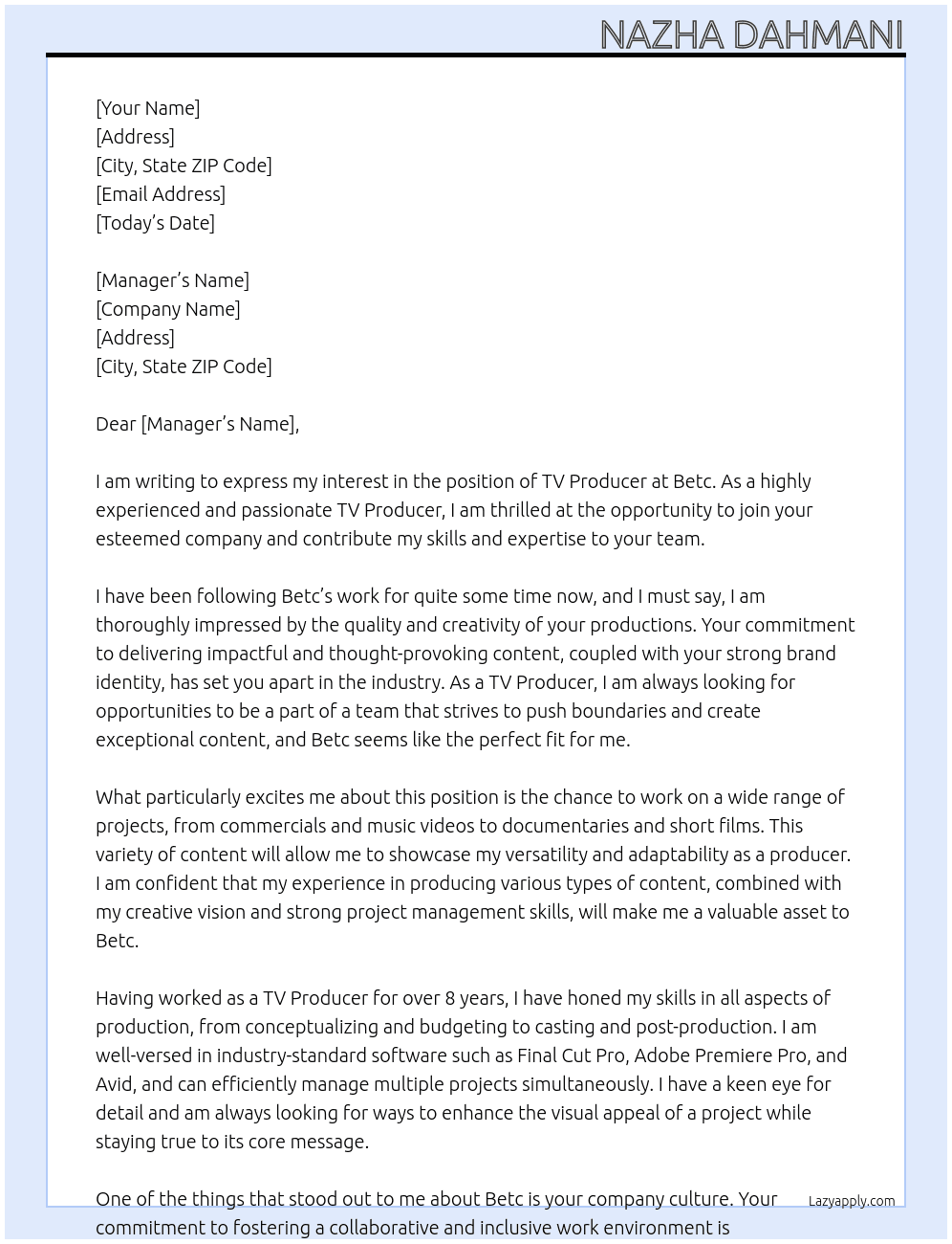 Tv Producer At Betc Cover Letter